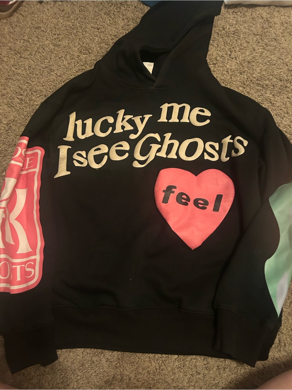 Kanye West Lucky Me I See Ghosts Black Hoodie with Pink Heart
